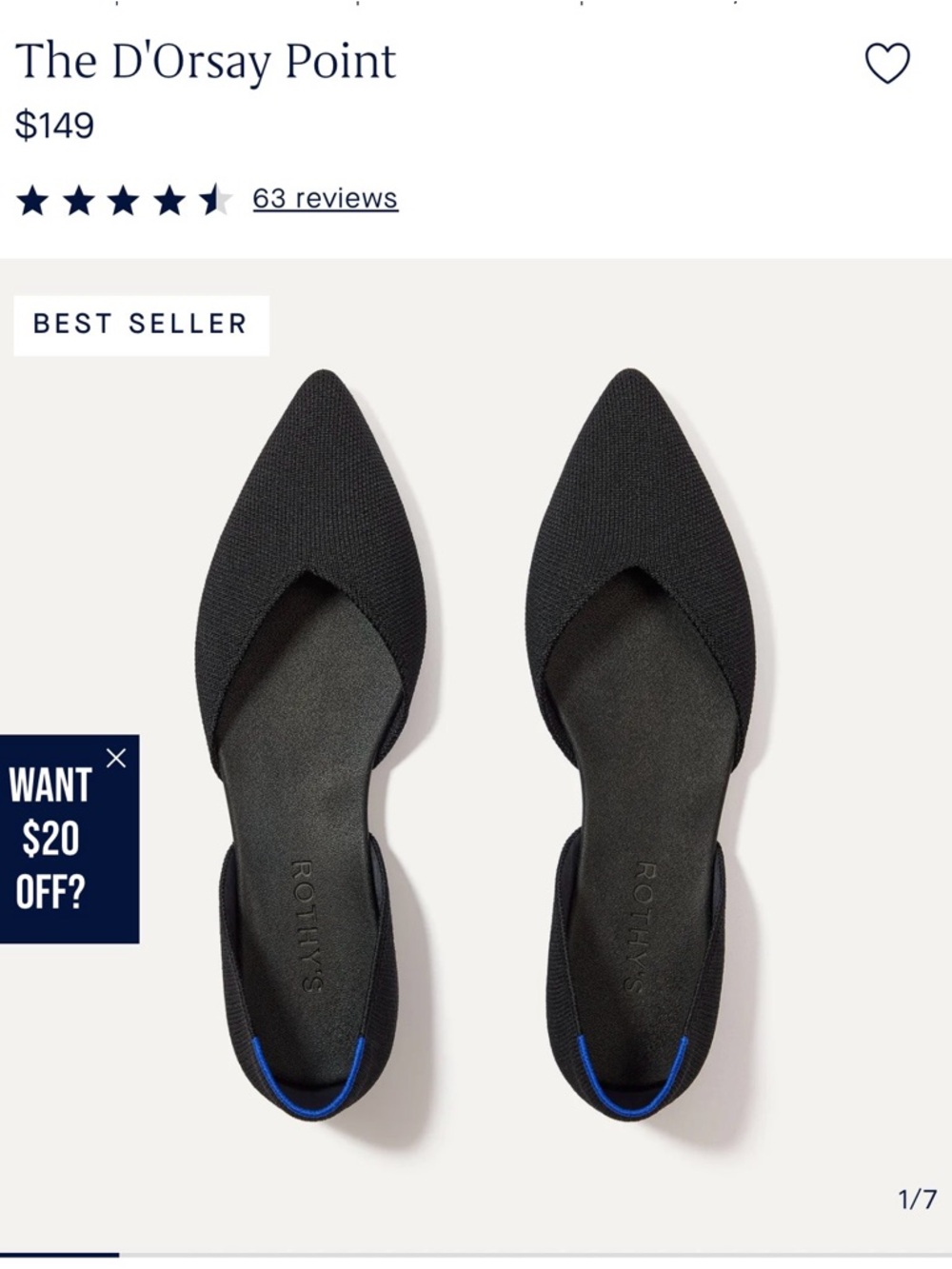 Rothy's D'Orsay Point Flat in Black with Blue Heel Accent